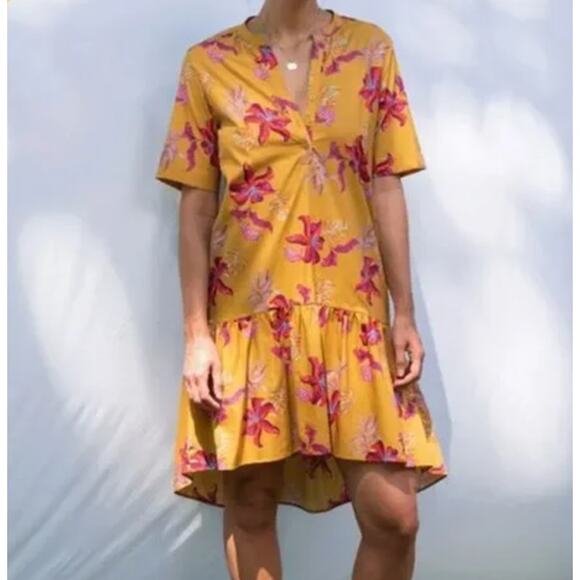 Tucker Laura Midi Dress Lime Lily in Light Weight Cotton Ruffle Hem Floral - Picture 1 of 8